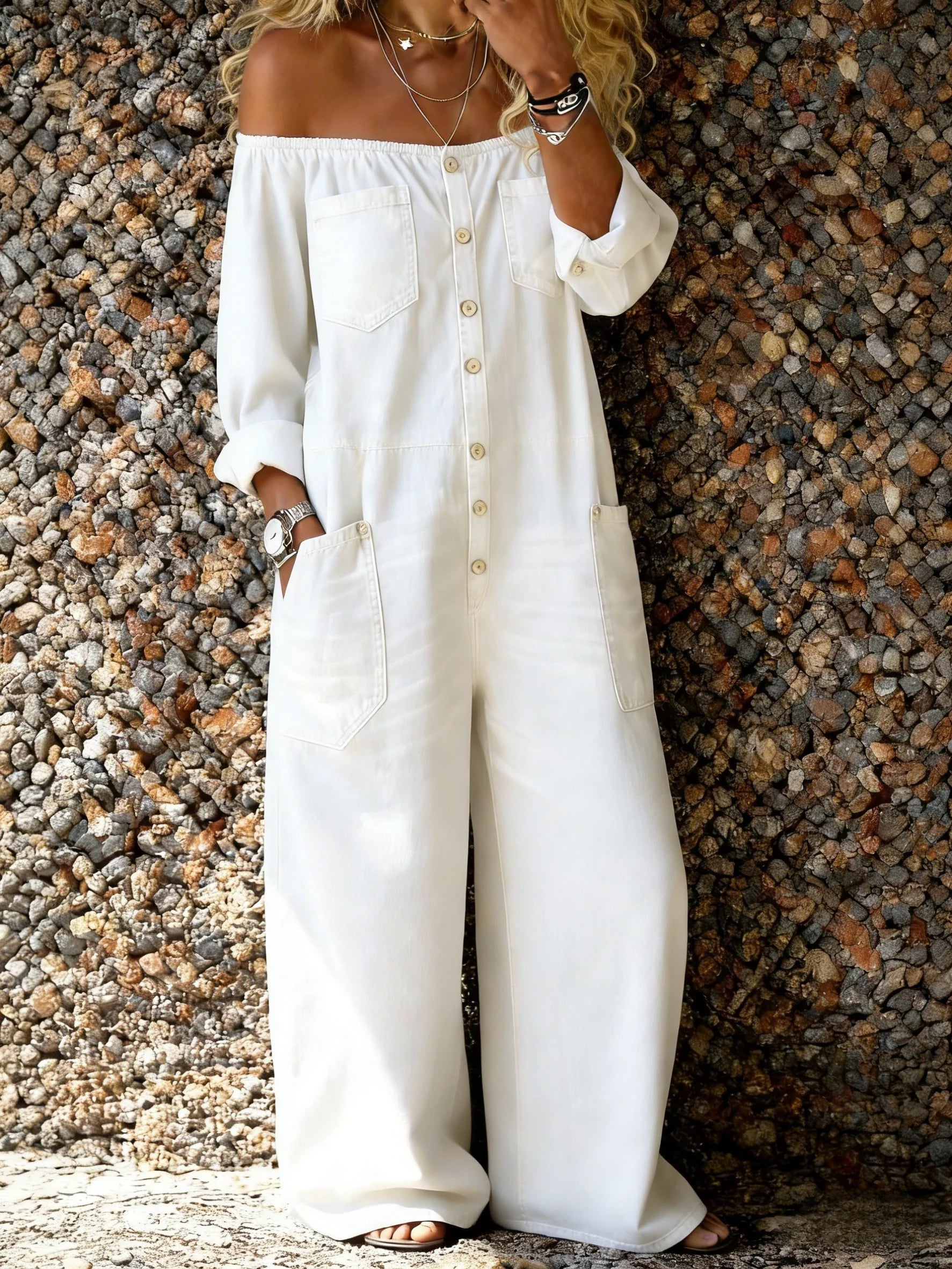 Noa | Denim Jumpsuit med Off-Shoulder Halsudskæring