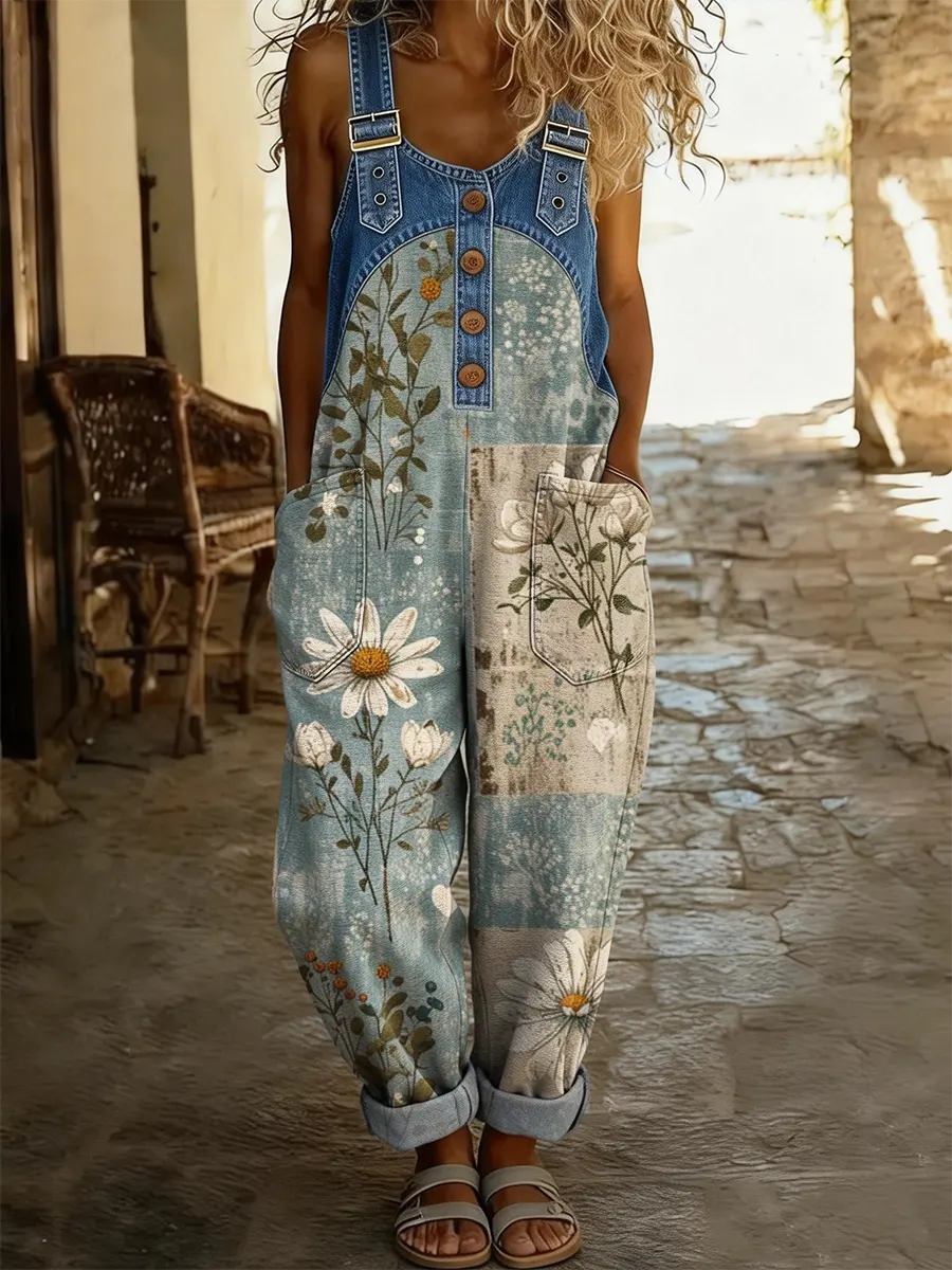 Maréa | Patchwork Denim Jumpsuit med Blomsterprint