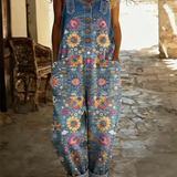 Faye | Denim Patchwork Overalls med Blomsterprint