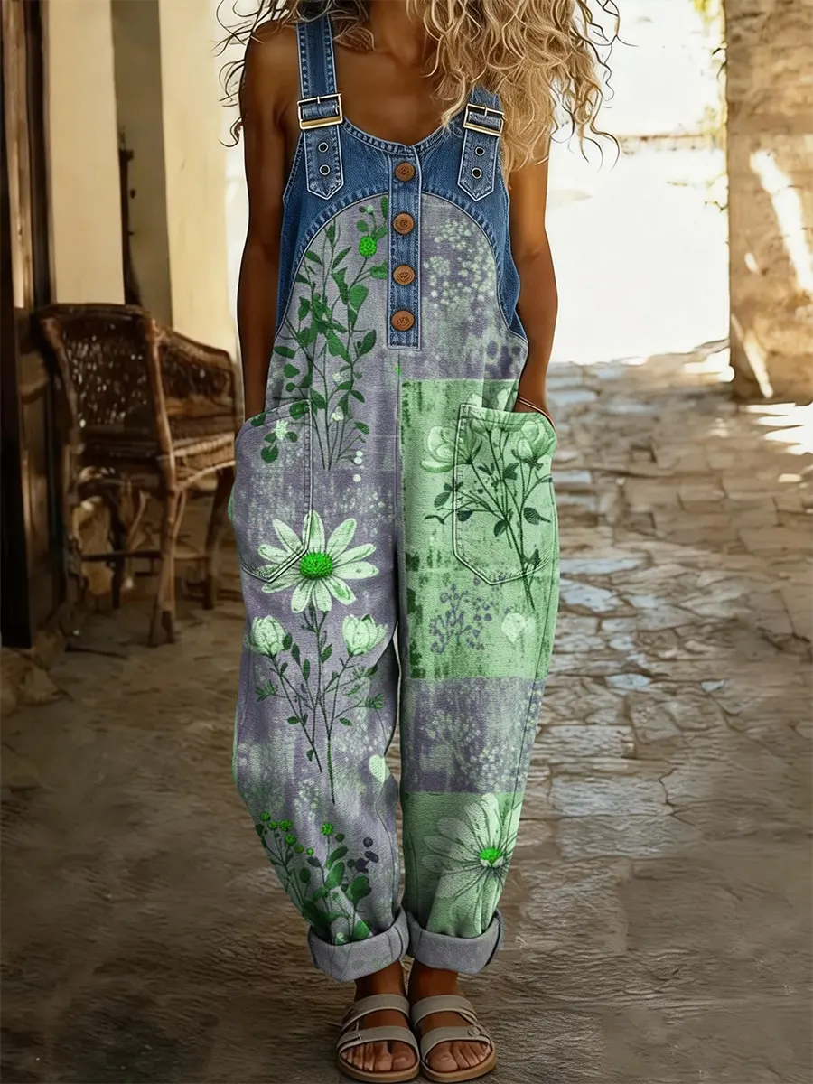 Maréa | Patchwork Denim Jumpsuit med Blomsterprint