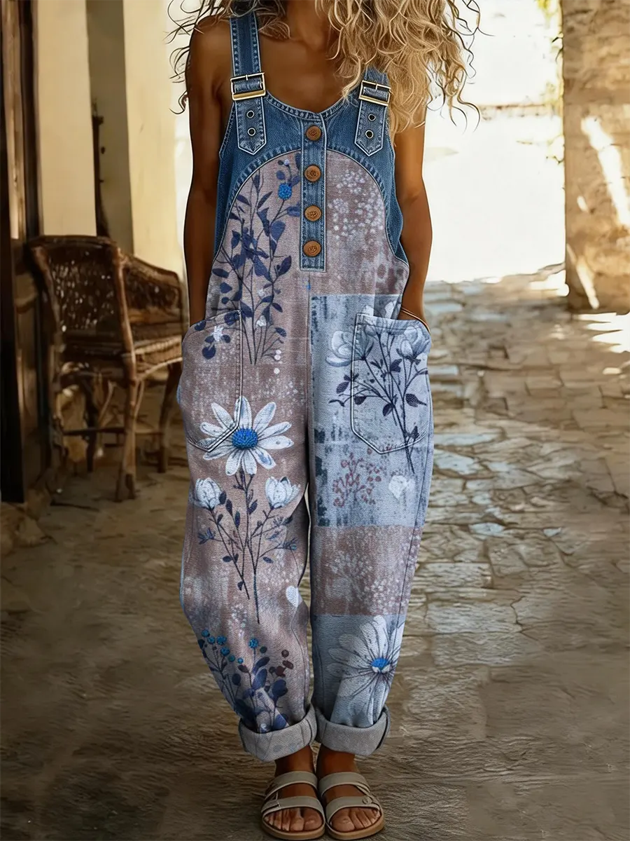 Maréa | Patchwork Denim Jumpsuit med Blomsterprint