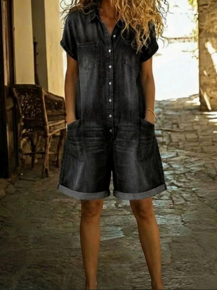 Elvora | Denim Playsuit med Krave og Korte Ærmer