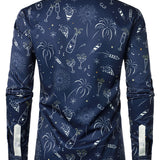 Herre Fyrværkeri Ferie Nytår Fest Knap-Op Blå Langærmet Skjorte