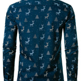 Herre Juletræ Elg Print Åndbar Marineblå Langærmet Skjorte