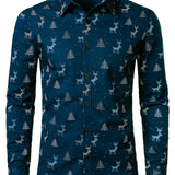 Herre Juletræ Elg Print Åndbar Marineblå Langærmet Skjorte