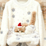 Kvindernes Søde Jule Kat Kunsttryk Casual Flannel Sweatshirt