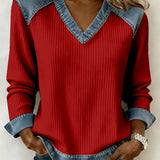 Kvindernes juleinspirerede patchwork kunst V-hals top