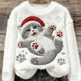 Kvinders Søde Jule Kat Kunst Print Casual Flannel Sweatshirt