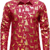Mænds Gyldne Jule Rensdyr Festlig Print Rød Langærmet Skjorte