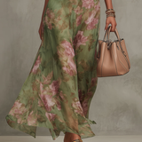 Emilia | Grøn chiffon maxi kjole med blomster og stropper
