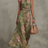 Emilia | Grøn chiffon maxi kjole med blomster og stropper