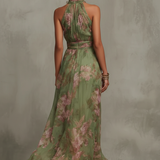 Emilia | Grøn chiffon maxi kjole med blomster og stropper
