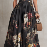 Patricia | Sort Satin Midi Kjole med Blomsterprint og Plissering