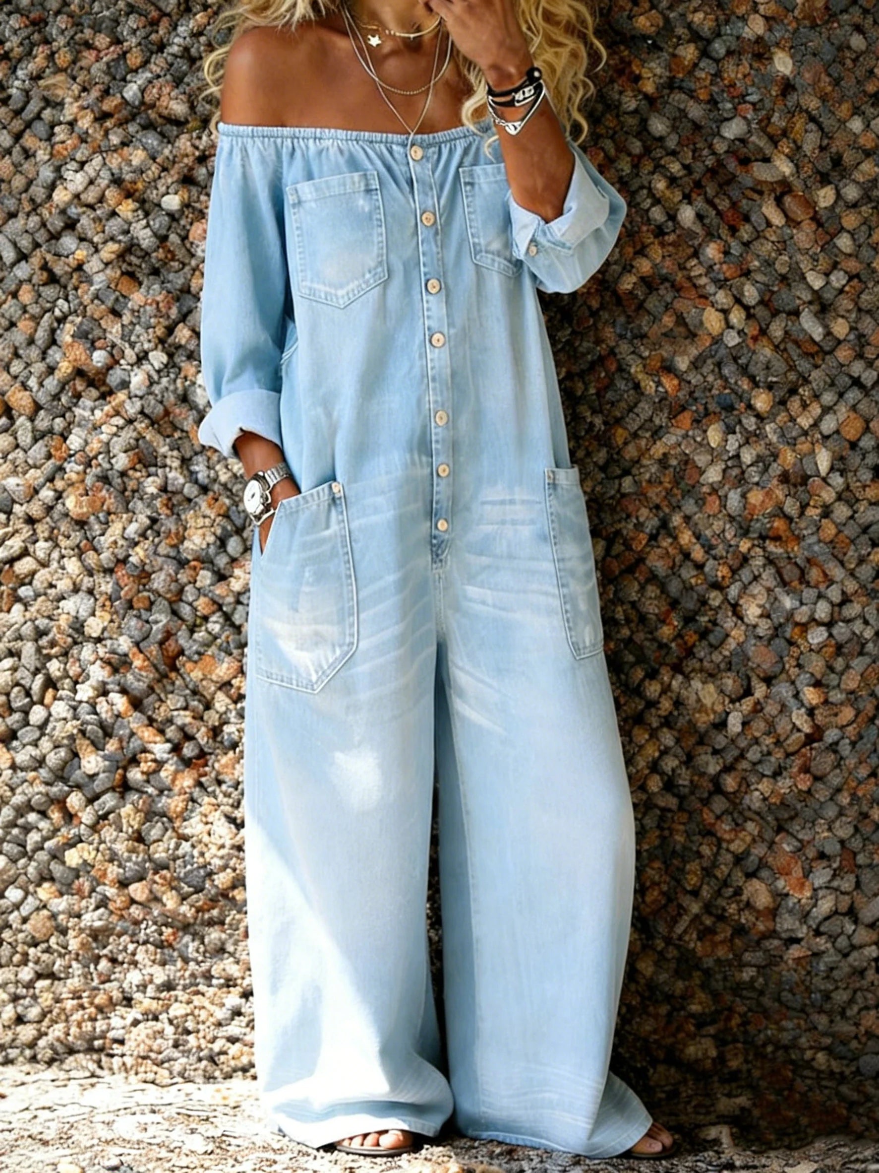 Noa | Denim Jumpsuit med Off-Shoulder Halsudskæring