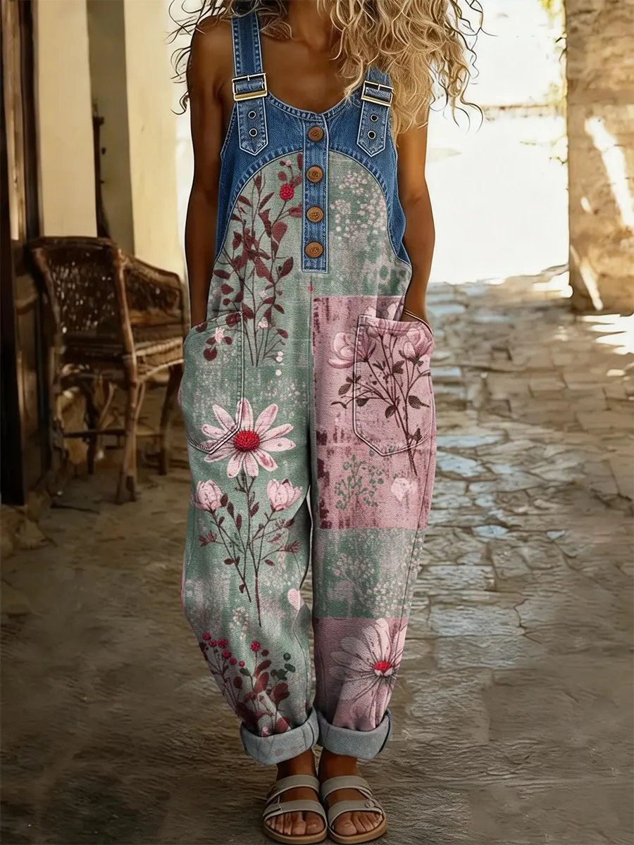 Maréa | Patchwork Denim Jumpsuit med Blomsterprint