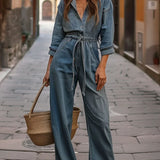 Nadia | Denim Jumpsuit med Talje Snor og Lange Ærmer
