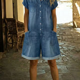 Elvora | Denim Playsuit med Krave og Korte Ærmer